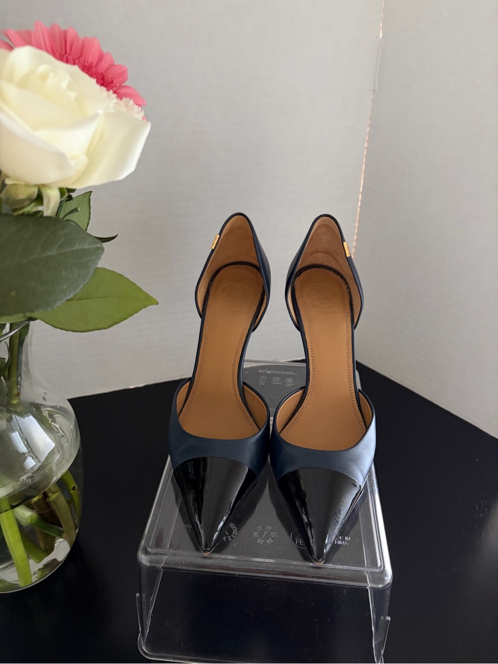 Tory Burch Navy Leather D’Orsay Pumps with Black Patent Toe